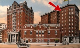 Postcard of the Genesee Hotel showing the window from which Mary Miller jumped. Photo courtesy Cultural Ghosts.